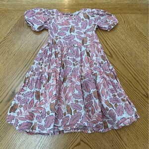 Mini Boden Girls Pink and Brown Leaf Owl Tiered Print Dress Pink White Brown